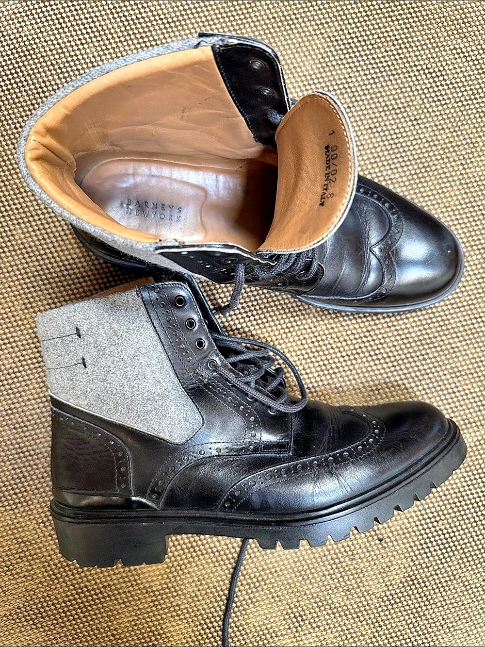 Barney's New York Italian Leather and Wool Brogue Boots Black & Gray US 8